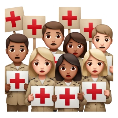 a crowd of people with unhappy faces, holding posters with a red cross painted on them sticker