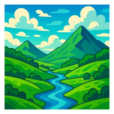 a lush green valley with a river, vibrant cartoon style sticker