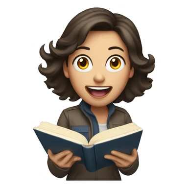 brunette woman screaming while holding and reading book sticker