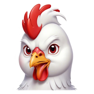 Cinematic Comical White Chicken Portrait Emoji, Head tilted dramatically with an exaggeratedly shocked or amused expression, featuring a sleek, immaculate white plumage with a prominent red comb, wide, expressive beady eyes filled with playful disbelief, Simplified yet hilariously expressive features, highly detailed, glowing with a slightly sassy glow, high shine, dramatic yet playful, stylized with an air of cheeky mischief, bright and endearing, soft glowing outline, capturing the essence of a spirited and over-the-top chicken, so meme-worthy it feels like it could cluck its way into internet fame instantly! sticker