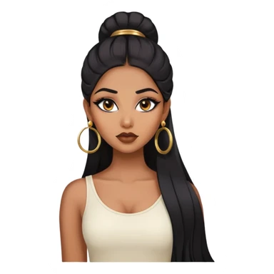 indian girl, brown skin, long black voluminous hair, brown underneath colored hair, baddie,pretty, makeup, lipliner, black eyeliner, gold hoop earrings, white top sticker