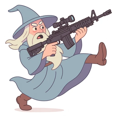 Gandalf the Gray wielding an M-14 EBR rifle, preparing to perform a 360 no-scope, dynamic pose, soft pastel colors, pastel toon style sticker