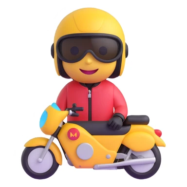 3D smiley emoji, round shape, sport motorcyclist: colorful motorcycle suit, sport helmet, youthful face sticker