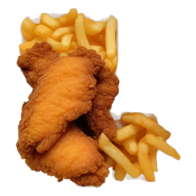 3 chicken tenders with crinkle fries and orange sauce on the side in a styrofoam container styrofoam container sticker