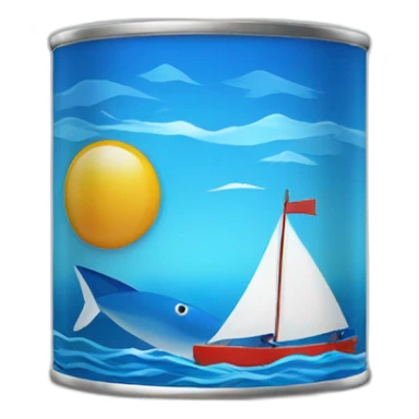 Realistic small can of tuna showing a blue sailling boat on a sea background sticker