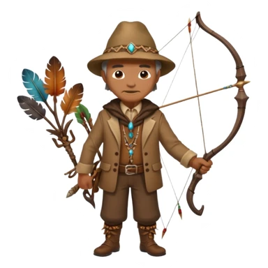The classic image of a middle-aged uncle hunter carrying a bow, dressed in brown clothes, with some ornaments made of feathers, bones or teeth on his body. sticker