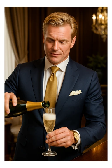 A strong, wealthy, smart, opulent white man with blonde hair, looking healthy and well-suited, pouring a glass of champagne. sticker