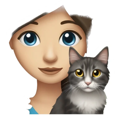 long straight haired blue eyed brunette woman holding norwegian forest cat with amber eyes sticker