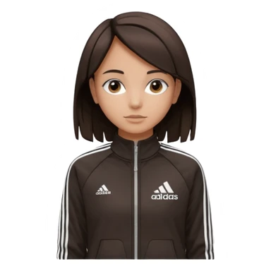 A girl with  medium-length, dark brown hair. The style is a soft, layered cut that falls around her shoulders. wore black Adidas track jacket with white stripes on the sleeves. It has a full zipper down the front, a stand-up collar, and the Adidas logo on the right chest emoji sticker