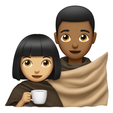 LIGHT BROWN SKIN BOY, with SHORT STRAIGHT BLACK HAIR and a TAN SKIN GIRL, with BLACK HAIR and BANGS, inside a blanket sipping coffee sticker