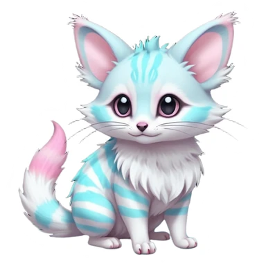  cute adorable whitish pastel fur with glowing bioluminescent random colorful neon-markings iridescent beautiful elegant pretty precious cute young youthful  Fakémon-Pokémon-alien-opossum-feline-serval-caracal-chinchilla-Minccino-hybrid-creature with a big fluffy bushy striped tail (full body) sticker