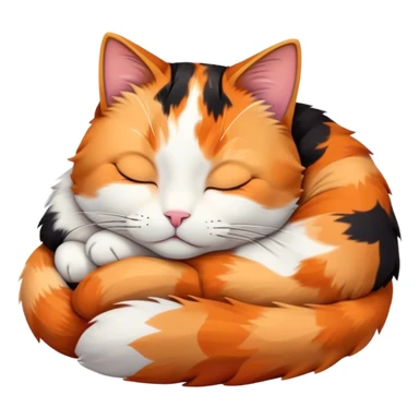 Meme-Worthy Cute Sleeping Calico Cat Portrait Emoji, Head resting peacefully with a content, gentle smile and softly closed eyes, featuring a delicate patchwork fur in vibrant orange, black, and white hues, simplified yet irresistibly endearing, highly detailed, glowing with a soft, drowsy radiance, high shine, exuding relaxed and utterly lovable charm, styled with a gentle, soft glowing outline, capturing the essence of a sleeping calico cat that appears destined to become a viral icon of adorable rest! sticker