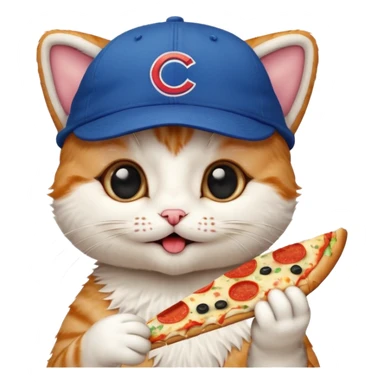Kitty with cubs hat on with pizza sticker