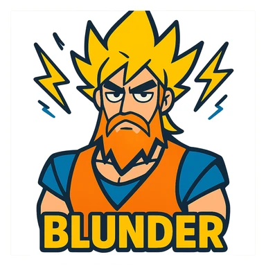 anime style protagonist with super Saiyan hair, long beard, lightning accents, unimpressed face, the word 'blunder' at the bottom sticker
