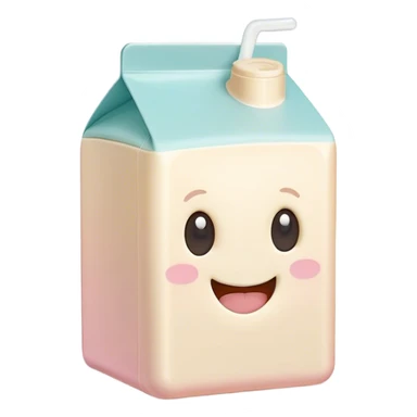 Cinematic adorable milk carton, soft pastel colors, tiny rounded edges, chubby smiling face, warm glowing highlights, gently tilting in a playful pose. sticker