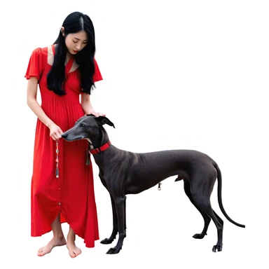 A beautiful 25-year-old Japanese woman with long flowing black hair wearing a stylish red beach dress, gently petting a PURE SOLID DARK GREY whippet with a bright RED COLLAR on a beach at night under a starry sky. The whippet MUST be 100% SOLID DARK GREY with ABSOLUTELY NO WHITE MARKINGS ANYWHERE - specifically NO WHITE on face, NO WHITE on chest, NO WHITE on paws - ENTIRELY ONE CONSISTENT SOLID DARK GREY COLOR throughout. Deep blue night sky filled with bright stars, moonlight reflecting on the ocean, sandy beach in the foreground. sticker
