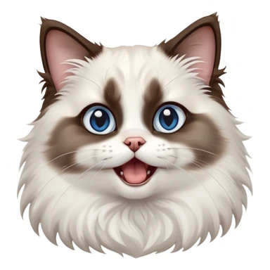 cinematic-adorable-big-eyed-fluffy-dark brown and white ragdoll-cat-portrait-emoji,-head-tilted-playfully-with-a-cute,-yawn,-soft-brown-and white-colored-fur-with-darker-points-on-the-ears,-simplified-yet-irresistibly-cute-features, sparkling blue eyes sticker