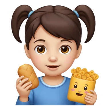 Toddler emoji with two pigtails dark brown hair, fair skin, holding snacks sticker