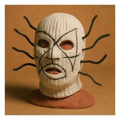 The mask is a full-head, white knitted balaclava with a tight ribbed texture. It features two asymmetrical eye openings and a partially exposed mouth area. Black thread is stitched across the surface in chaotic, abstract lines that trace facial features, giving a hand-drawn effect. Several black cords extend outward from the mask, varying in length and direction, adding a sculptural, almost organic appearance. The overall look is bold, handcrafted, and visually striking. sticker