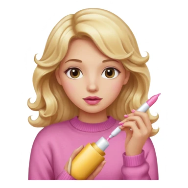 A long curled blonde haired girl with a pink sweater and holding a lip gloss sticker