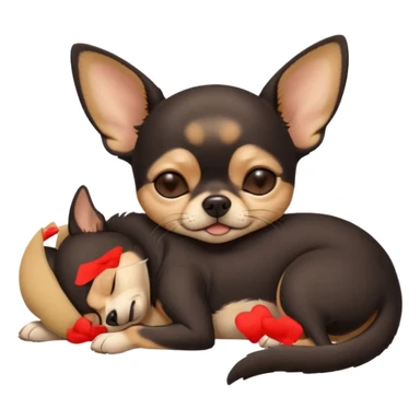 A high-resolution photo-realistic digital illustration of a cute  black and tan chihuahua with eyes closed shut sleeping lazily on the ground sticker