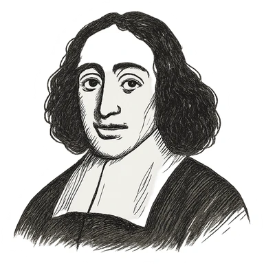 Make the Spinoza black outline icon more detailed, with refined facial features, long curly hair, and a 17th-century collar, keeping the hand-drawn outline style. sticker