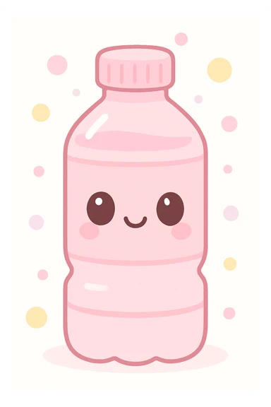 pastel pink bottle of water, cute with a smiling face, kawaii style sticker
