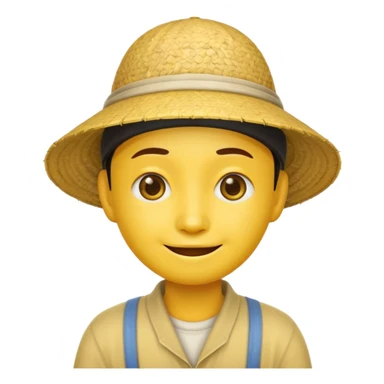 Yellow emoji smiley face with stereotypical Chinese facial features and rice farmer hat. Eyes very narrow sticker