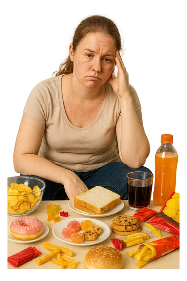 Donna tra i 25 e i 35 anni seduta sul divano o a un tavolo disordinato, circondata da cibi sparsi e poco sani: patatine, dolci, pane bianco, snack confezionati, bibite. con infiammazione e squilibri ormonali sticker