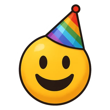 yellow face with rainbow party hat emoji, digital illustration sticker