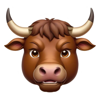Cinematic Noble Brown Bull Portrait Emoji, Poised and regal, with a massive, muscular build and a sleek, well-groomed rich brown hide, deep-set soulful dark eyes, Simplified yet sharp and sophisticated features, highly detailed, glowing with a soft, dignified glow, high shine, intelligent and formidable, stylized with an air of strength, focused and attentive, soft glowing outline, capturing the essence of a watchful and confident guardian, so majestic it feels as though it could charge out of the screen with effortless authority! sticker