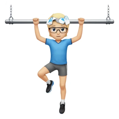 Wygeneruj mi emotke ubranego chłopaka i pokaż go od stóp do głów o włosach blond z niebieskimi oczami w okularach, który wisi na drążku sticker