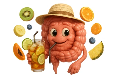 EMOJI STILE IPHONE DI INTESTINO UMANO REALISTICO CON CAPPELLO DI PAGLIA DA SPIAGGIA CHE BEVE UN Tè FREDDO IN BICCHIERE DI VETRO CON DENTRO  fette di cetriolo, limone, lime, DIETRO L'INTESTINO FLUTTUANO PEZZETTI DI Kiwi
Banana acerba
Arance e mandarini
Mirtilli
Ananas
Papaya
IPERREALISTICO 4K sticker
