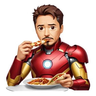Tony Stark eating a delicious shawarma, wearing his Iron Man suit, looking satisfied and slightly messy, with a bite taken out of the wrap, sauce dripping a little, neon city lights in the background, comic book style, vibrant colors. sticker