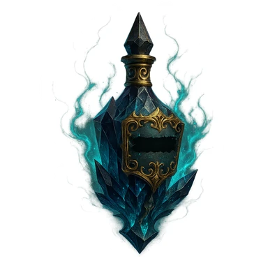 edgy dark crystal elixir bottle with censored inscriptions, lots of glowing effects, ornate golden details, magical effects, very small neck, beautiful merging base, clearly floating in air, transparent background, no ground or shadow sticker