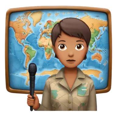 Icon for Documentary Film (TV style): A large TV screen with a serious-looking host standing in front of a map. The host holds a microphone, and the map displays historical or geographical information. Retro TV broadcast style. Transparent background. sticker
