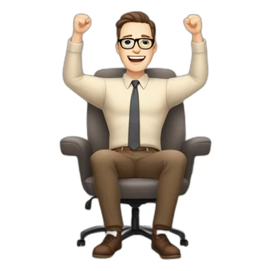 Joyful Celebrating victory Hands up Pale skinned Fit Man With dark brown hair in gray jacket, beige office shirt, Brown pants and vintage glasses sitting In a soft chair sticker