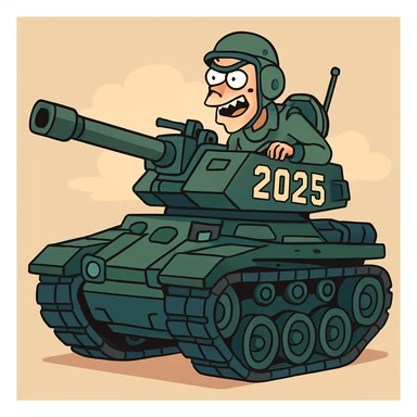 futuristic military tank 2025, stylized cartoon, bold lines, exaggerated features, vibrant colors sticker