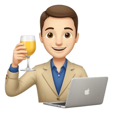 A friendly freelance character (male or neutral) working on a laptop while holding a glass of pastis/ricard (yellow drink with ice and lemon). The character should have a simple smiling face (no glasses), and should look energetic and creative. sticker