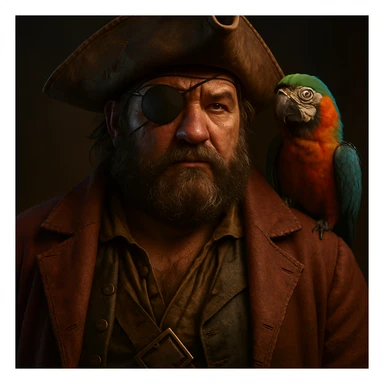 3d art of a pirate with eye patch and parrot in  sticker