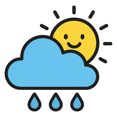 simple icon of a cloud with raindrops and a smiling sun emerging behind, friendly and colorful style sticker