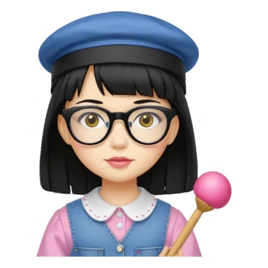 A yellow-skinned girl with medium-long straight black hair, flat bangs, black frame glasses, a white puffy sleeve doll shirt, blue jeans and pink shoes, and a black painter's hat. sticker