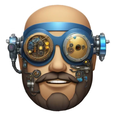 Bearded Fat bald cyborg head with brown skin, blue steampunk goggles and circuits sticker