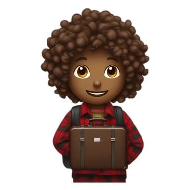 Chocolate colored doodle with wavy hair wearing a red and black flannel handkerchief with a carryon suitcase sticker