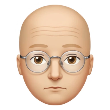 Smooth oval bald head, light-medium skin tone, thin dark arched eyebrows, small narrow almond-shaped eyes behind rimless glasses, medium straight nose, small closed lips with a slight downward tilt, rounded soft jawline, calm and serious expression without wrinkles sticker