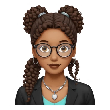 chica morena de ojos claros con gafas negras exagonales redondeadas. y pelo rizado castaño con todo el pelo recogido en una coleta . y un collar de plata . Con todo el pelo recogido un clen look sticker