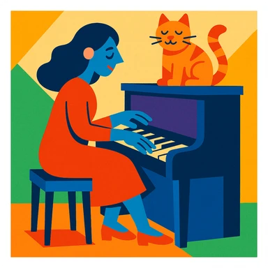 woman playing piano while her cat sits on top of the piano sticker