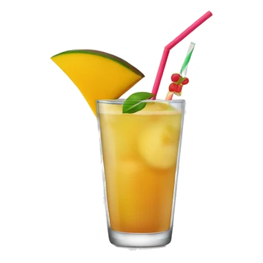 cocktail in a tall glass with a slice of mango and a straw sticker