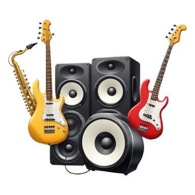 Icon for R&B Music Listening: large concert speakers and headphones with waves of musical notes coming out, along with a bass guitar, drum kit, and synthesizer, saxophone. The icon should convey the energetic and rhythmic vibe of R&B music. Transparent background. sticker
