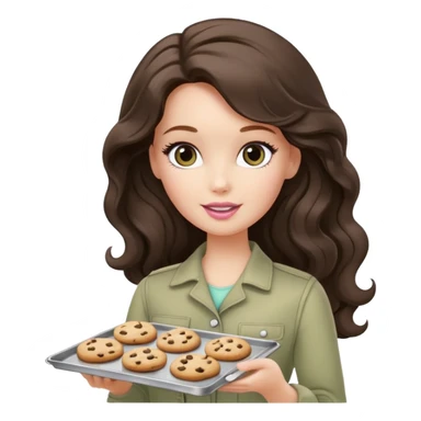 A white Barbie girl with long dark brown wave hair in a pale olive clothes holds a Baking tray with cookies sticker
